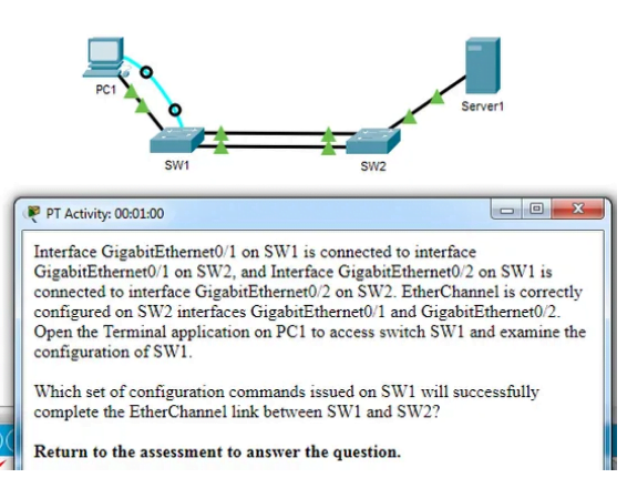 Which set of configuration commands issued on SW1 will successfully complete the EtherChannel link between SW1 and SW2